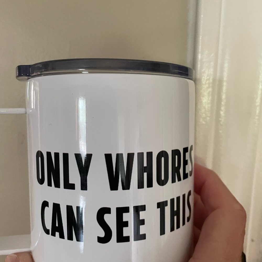 White Travel Mug with Black Text